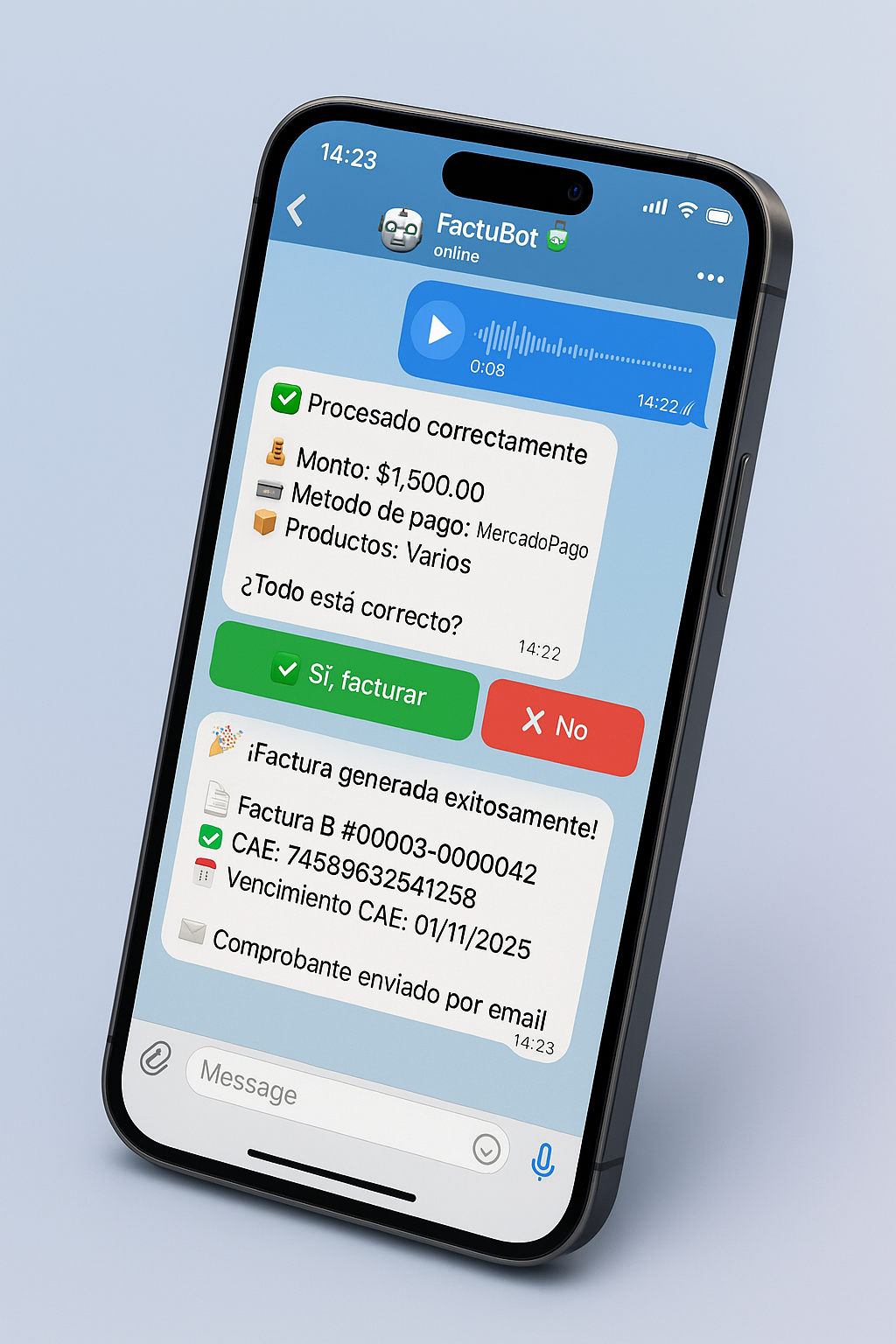 Mockup de chat de FactuBot en Telegram mostrando cómo facturar
